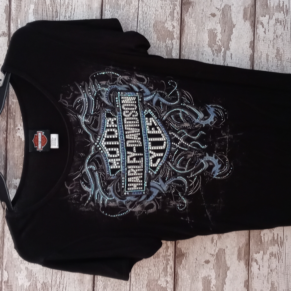 Harley Davidson T shirt Size e XL. Pearl & Sequins. Lace up Back.